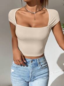 SHEIN EZwear 方領露脐T恤，時尚上衣 - 卡其色 - 查看 4