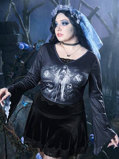 Corpse Bride | ROMWE Plus Figure Graphic Flounce Sleeve Contrast Lace Trim Tee
