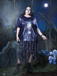 Corpse Bride | ROMWE Plus Figure & Letter Graphic Drop Shoulder Tee - Purple - View 3