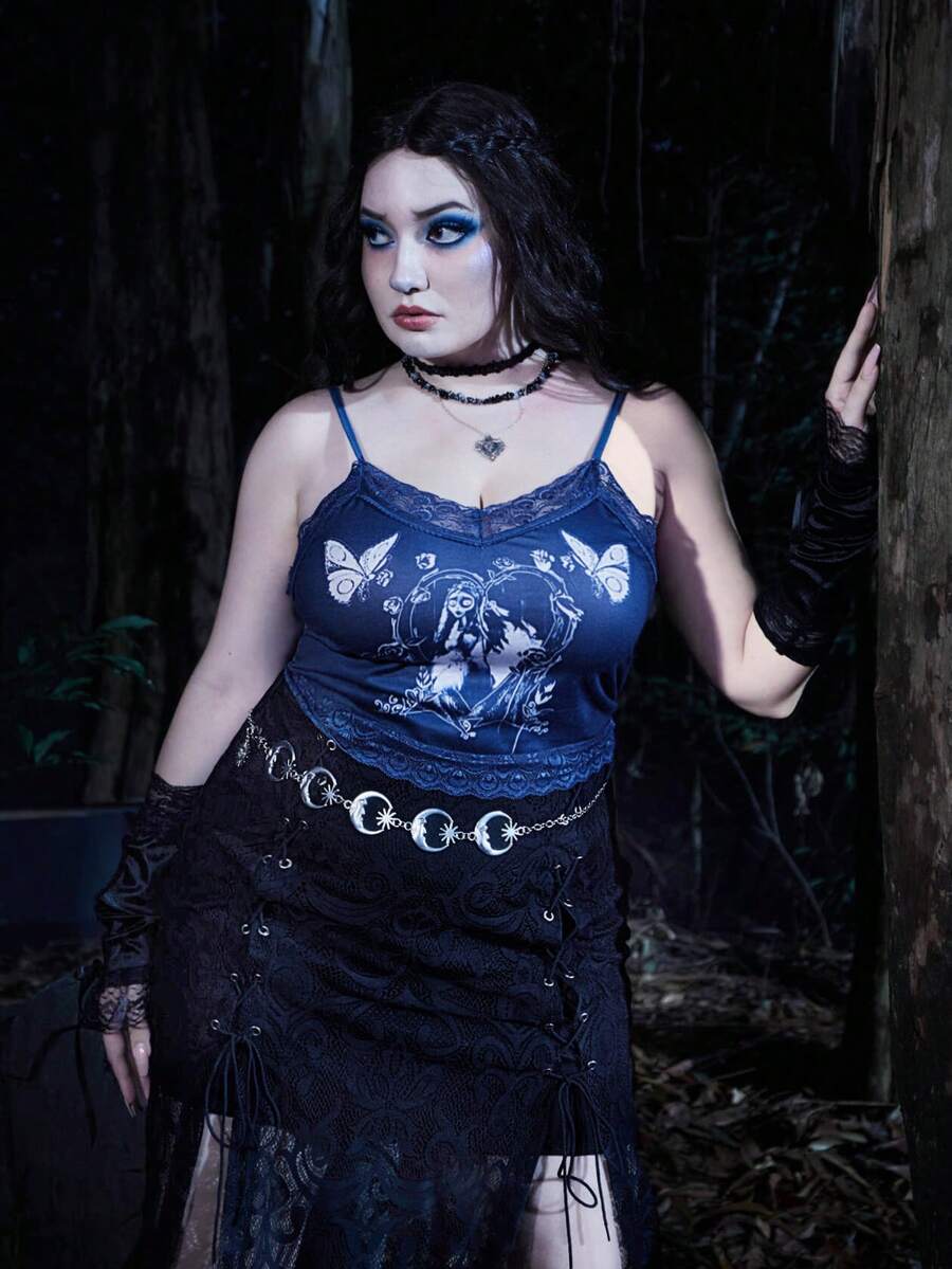 Corpse Bride | ROMWE Áo hai dây Plus Size Tương phản ren Con số Loại bướm Giải trí - Màu xanh lam - Xem 1