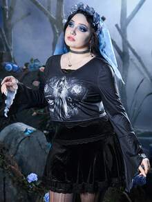 Corpse Bride | ROMWE 大碼人像圖案荷葉袖T恤 - 深灰色 - 查看 3