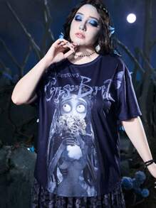 Corpse Bride | ROMWE Plus Figure & Letter Graphic Drop Shoulder Tee - Purple - View 6