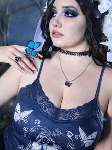 Corpse Bride | ROMWE Áo hai dây Plus Size Tương phản ren Con số Loại bướm Giải trí - Màu xanh lam - Xem 5