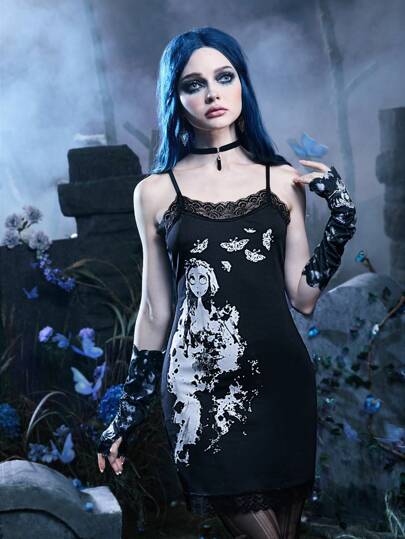 Corpse Bride | ROMWE Figure Graphic Contrast Lace Cami Dress