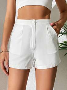 SHEIN PETITE Quần đùi nữ Nút Túi Dây kéo màu trơn Giải trí - trắng - Xem 3