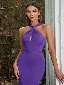Vestido ajustado con abertura y espalda descubierta de estilo minimalista y vintage para mujeres - Morado - Ver 6