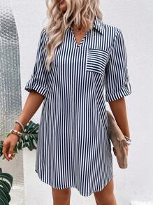 SHEIN LUNE Striped Print Pocket Patched Roll Tab Sleeve Shirt Dress Without Belt - Blue and White - View 3