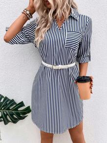 SHEIN LUNE Striped Print Pocket Patched Roll Tab Sleeve Shirt Dress Without Belt - Blue and White - View 5