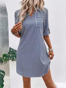 SHEIN LUNE Striped Print Pocket Patched Roll Tab Sleeve Shirt Dress Without Belt - Blue and White - View 6