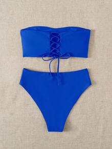 SHEIN Swim 2026 Special Fabric Women's Halter Backless Tie Vacation Navy Blue Side High Cut 2-Piece Bikini Swimsuit, Spring/Summer - Royal Blue - View 4