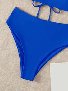 SHEIN Swim 2026 Special Fabric Women's Halter Backless Tie Vacation Navy Blue Side High Cut 2-Piece Bikini Swimsuit, Spring/Summer - Royal Blue - View 5