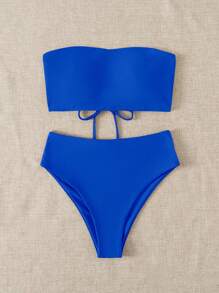 SHEIN Swim 2026 Special Fabric Women's Halter Backless Tie Vacation Navy Blue Side High Cut 2-Piece Bikini Swimsuit, Spring/Summer - Royal Blue - View 7