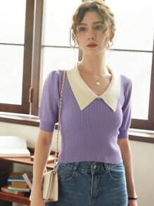 Knit Mix Contrast Collar Puff Sleeve Knit Top - Lilac Purple - View 1