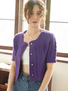 Knit Mix Chất rắn Nút phía trước Xoắn Dan Áo len Mở - Màu tím - Xem 1