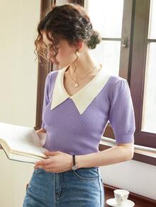 Knit Mix Contrast Collar Puff Sleeve Knit Top - Lilac Purple - View 3