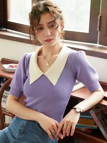 Knit Mix Contrast Collar Puff Sleeve Knit Top - Lilac Purple - View 4
