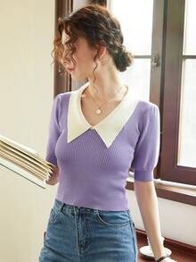 Knit Mix Contrast Collar Puff Sleeve Knit Top - Lilac Purple - View 7