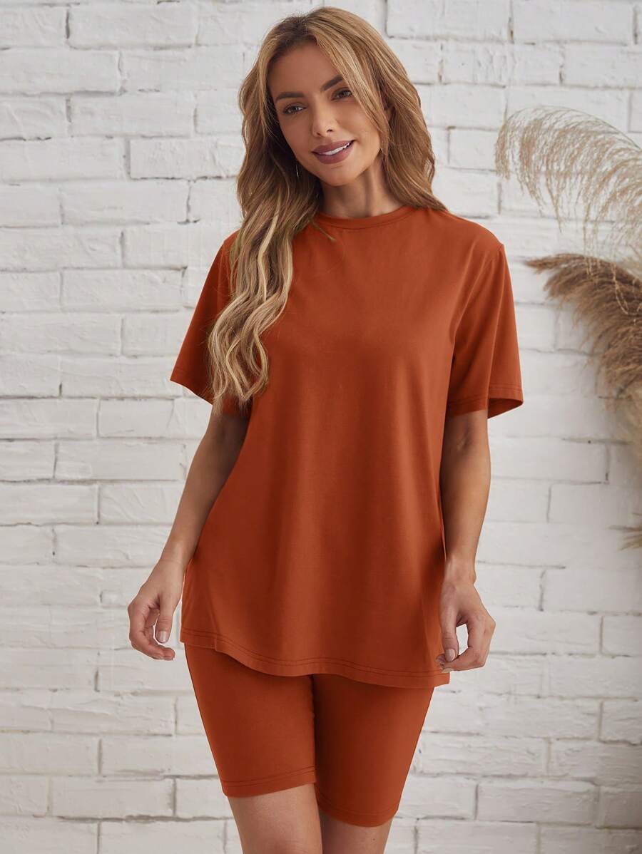 EMERY ROSE Solid Tee & Biker Shorts Set - Rust Brown - View 1