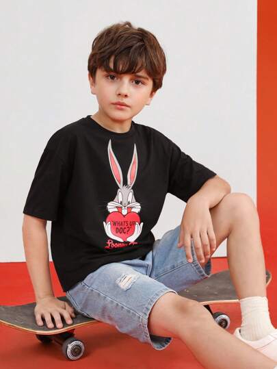 LOONEY TUNES X SHEIN Tween Boy 1pc Rabbit & Slogan Graphic Drop Shoulder Tee