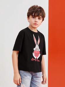 LOONEY TUNES X SHEIN Tween Boy 1pc Rabbit & Slogan Graphic Drop Shoulder Tee - Black - View 5