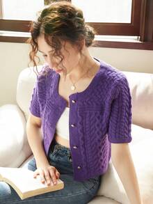 Knit Mix Chất rắn Nút phía trước Xoắn Dan Áo len Mở - Màu tím - Xem 3