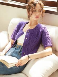 Knit Mix Chất rắn Nút phía trước Xoắn Dan Áo len Mở - Màu tím - Xem 4