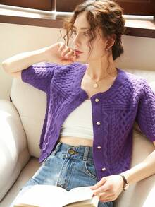 Knit Mix Chất rắn Nút phía trước Xoắn Dan Áo len Mở - Màu tím - Xem 5