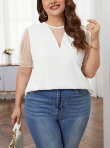 SHEIN Privé 大碼拼接波點網紗泡泡袖襯衫 - 白色 - 查看 1