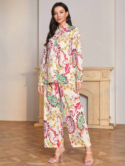 Seusyu Paisley Print Shirt & Wide Leg Pants