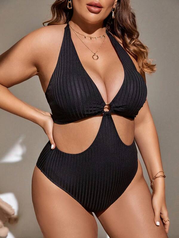 Plus Ring Linked Cut Out Halter Neck Backless One Piece Swimsuit