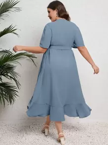SHEIN LUNE 大碼泡泡袖荷葉邊腰帶圍裹式連衣裙 - 霧霾藍 - 查看 2