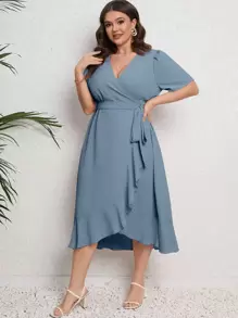 SHEIN LUNE 大碼泡泡袖荷葉邊腰帶圍裹式連衣裙 - 霧霾藍 - 查看 5