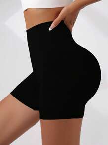 Easithlete Solid Wideband Waist Sports Shorts - Black - View 3