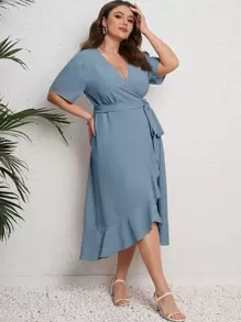 SHEIN LUNE 大碼泡泡袖荷葉邊腰帶圍裹式連衣裙 - 霧霾藍 - 查看 6