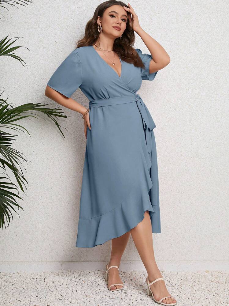 SHEIN LUNE Plus Puff Sleeve Ruffle Hem Belted Wrap Dress Maxi Women Outfit - Dusty Blue - View 6