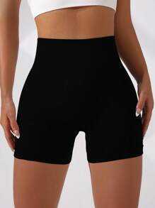 Easithlete Solid Wideband Waist Sports Shorts - Black - View 4