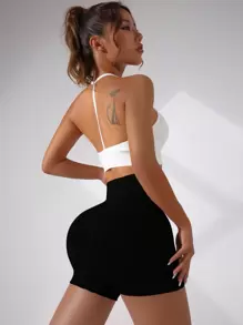 Easithlete Solid Wideband Waist Sports Shorts - Black - View 5