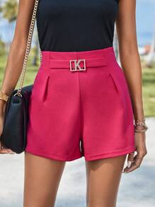 SHEIN Privé 素色褶皺細節短褲 - 玫紅色 - 查看 7