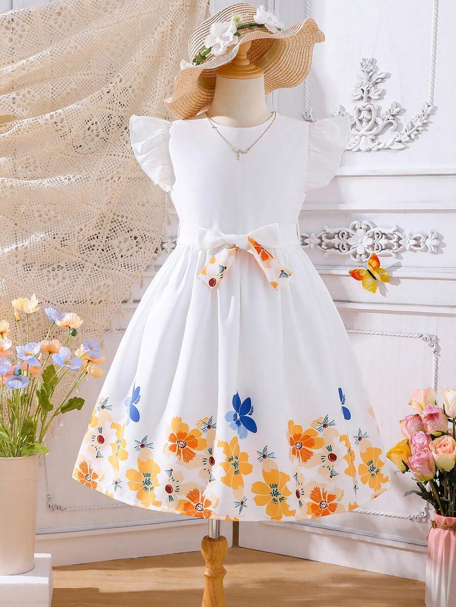 Girls Floral Print Ruffle Trim Belted Dress - White - View 1