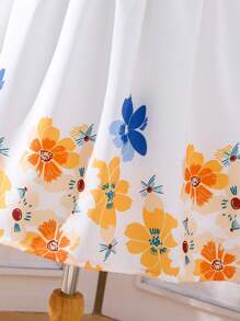 Girls Floral Print Ruffle Trim Belted Dress - White - View 5