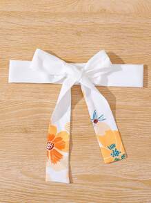 Girls Floral Print Ruffle Trim Belted Dress - White - View 6