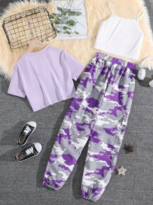 Teen Mädchen einfarbig Cami Top & Hose mit Camo Muster, Pattentasche, & T-Shirt - Verschiedenfarbig - Übersicht 2