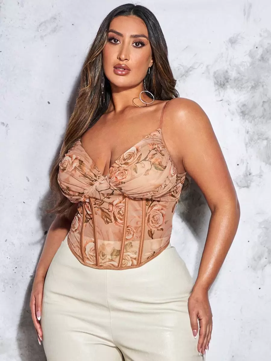 SHEIN BAE Plus Floral Print Bustier Cami Top - Khaki - View 1