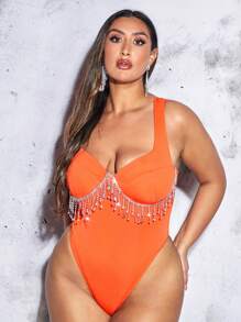 SHEIN BAE Plus Rhinestone Fringe Trim Bustier Tank Bodysuit - Orange - View 1