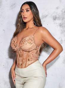 SHEIN BAE Plus Floral Print Bustier Cami Top - Khaki - View 6