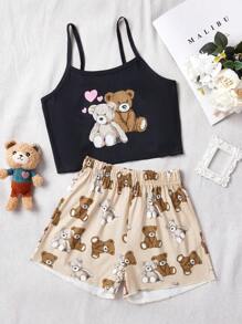 Tween Girl Bear Print Cami Top & Shorts PJ Set - Multicolor - View 1