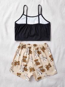 Tween Girl Bear Print Cami Top & Shorts PJ Set - Multicolor - View 2