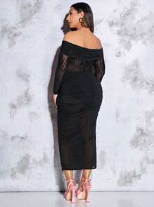 SHEIN BAE Vestido ajustado de hombros descubiertos fruncido de malla - Negro - Ver 2
