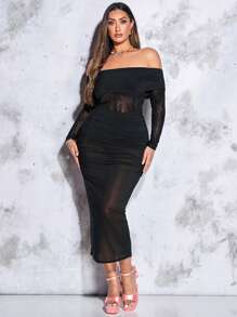 SHEIN BAE Vestido ajustado de hombros descubiertos fruncido de malla - Negro - Ver 5