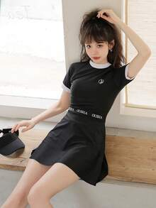 Letter Graphic Contrast Binding One Piece Swimsuit - Black - View 4